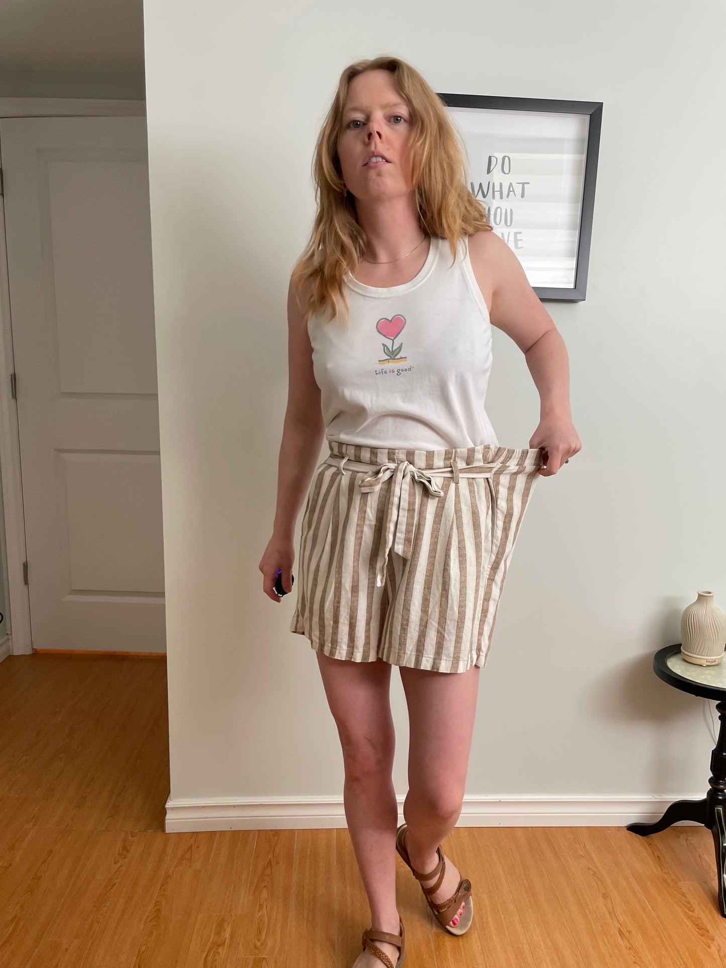 Beige + Ivory Striped Natural Fiber Paperbag Waist Shorts - S/M