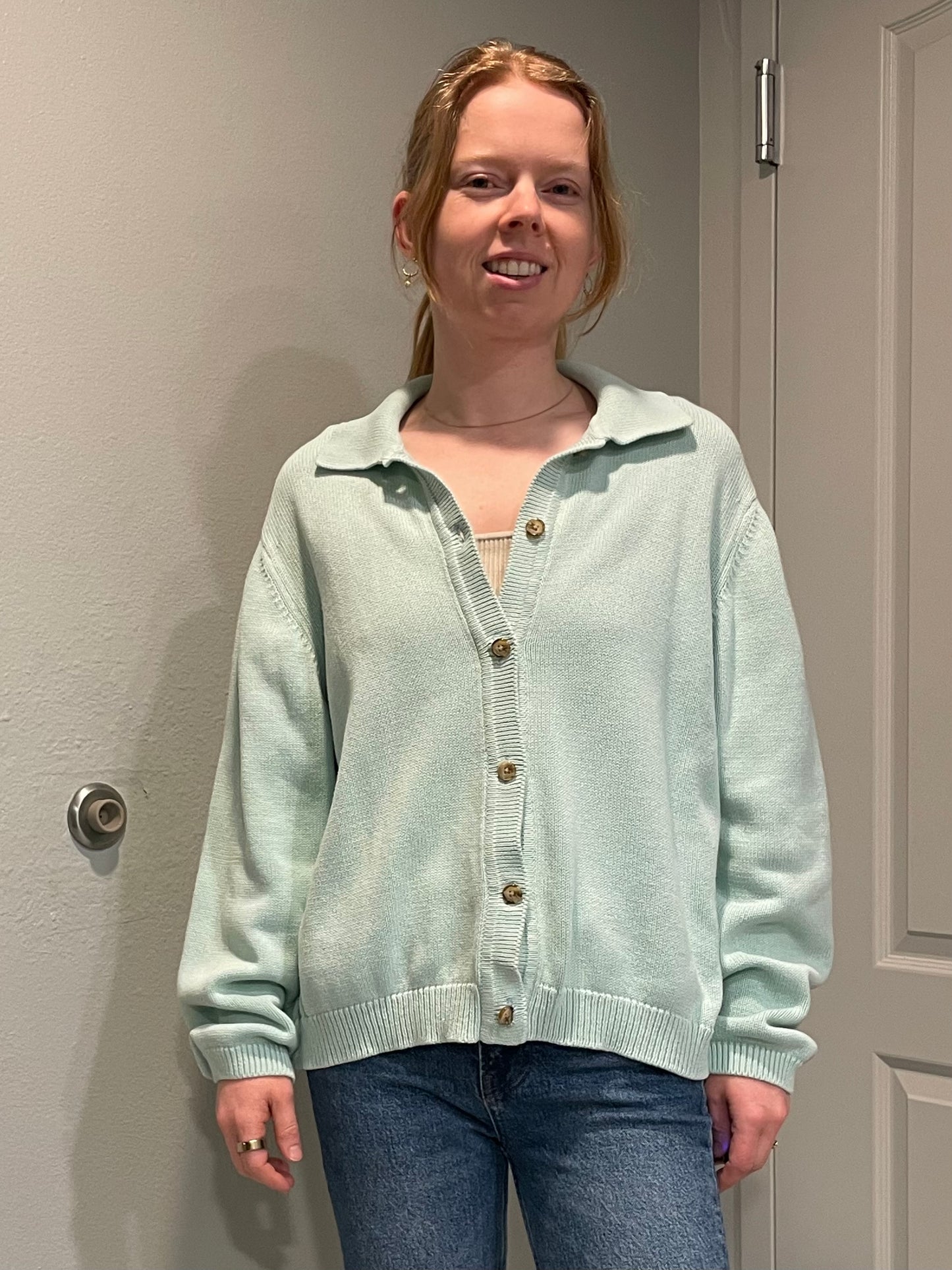 Lands’ End Mint Green Cotton Collared Cardigan – Petite Large (14–16)