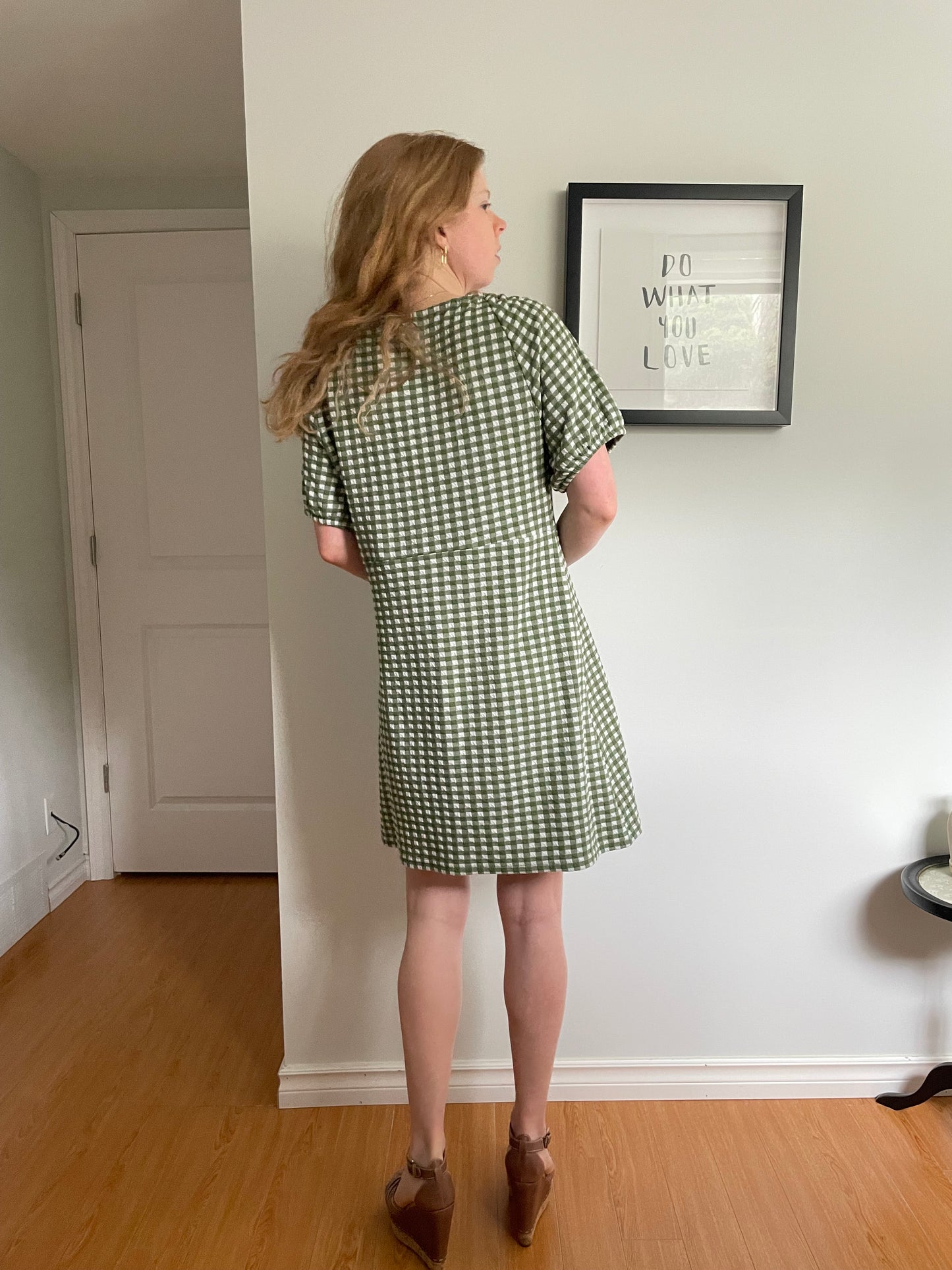 Madewell Green & White Gingham Puff Sleeve Mini Dress - Large