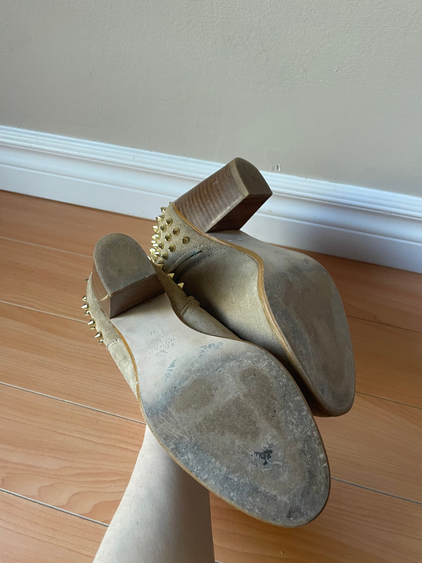 Zara Woman Beige Genuine Suede Gold Studded Heel Boots - Size 37