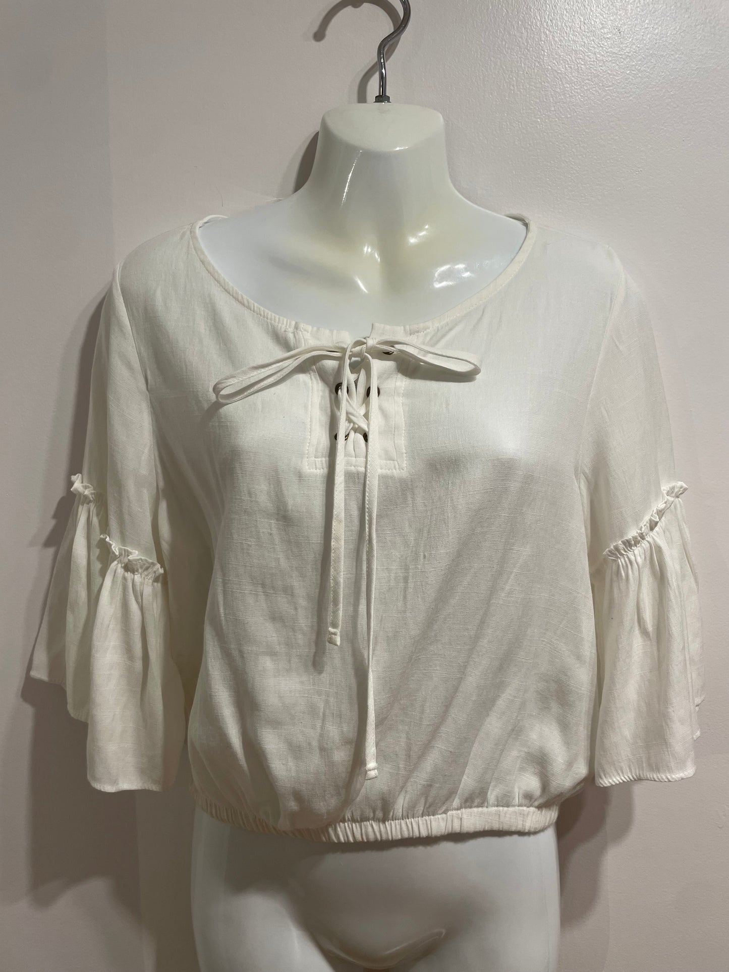 Blue Steel White Lace-Up Bell Sleeve Blouse - Medium