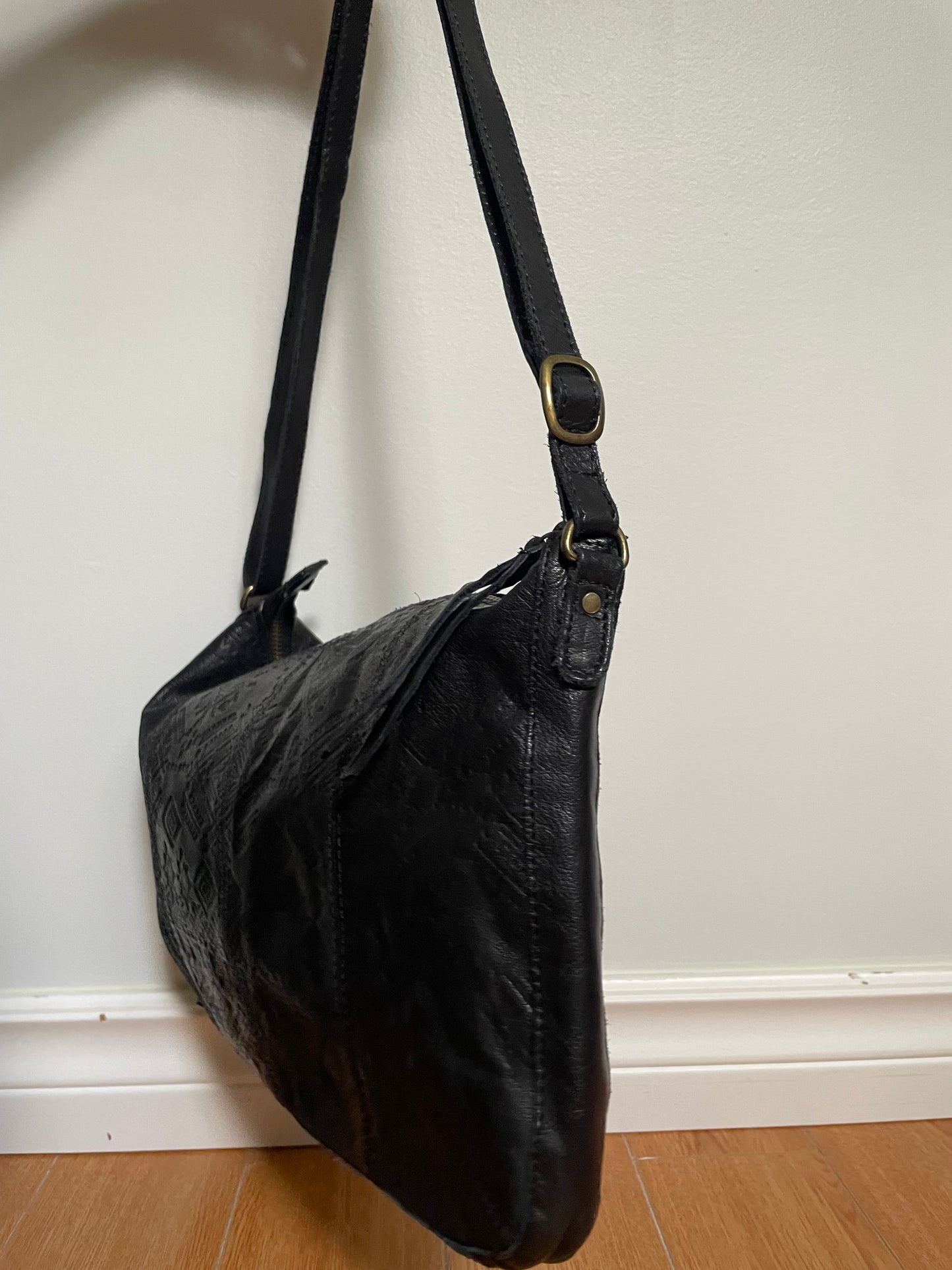 Day & Mood Black Embossed Leather Shoulder Bag
