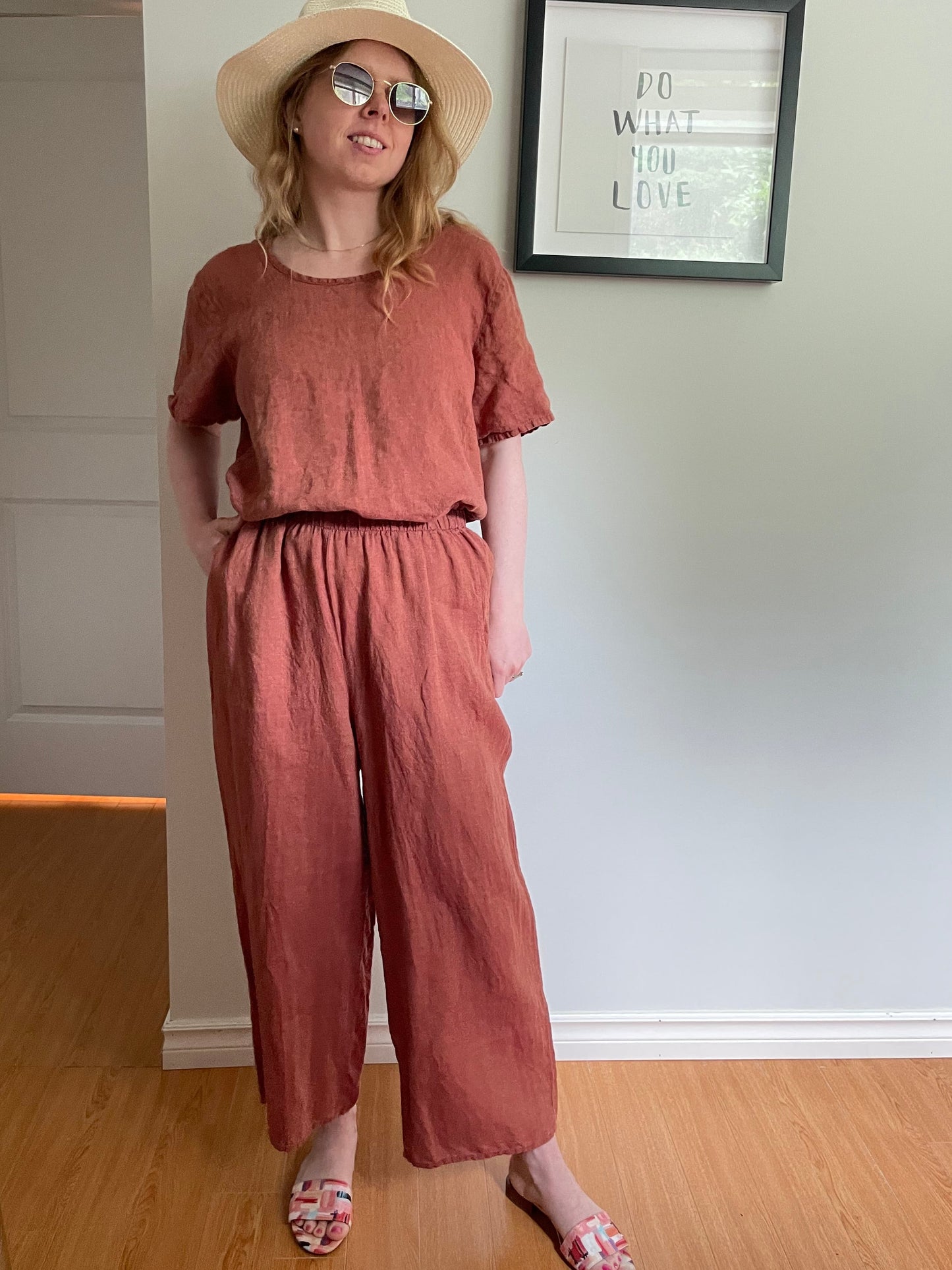 FLAX – Terracotta Linen Top & Wide-Leg Pants Set – M/S
