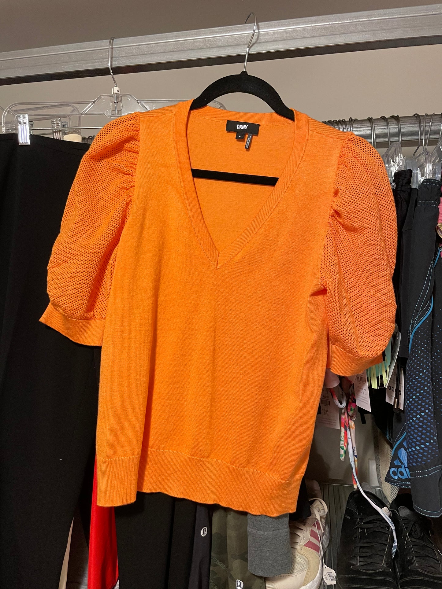Bright Orange DKNY Puff Sleeve Knit Top - Size M