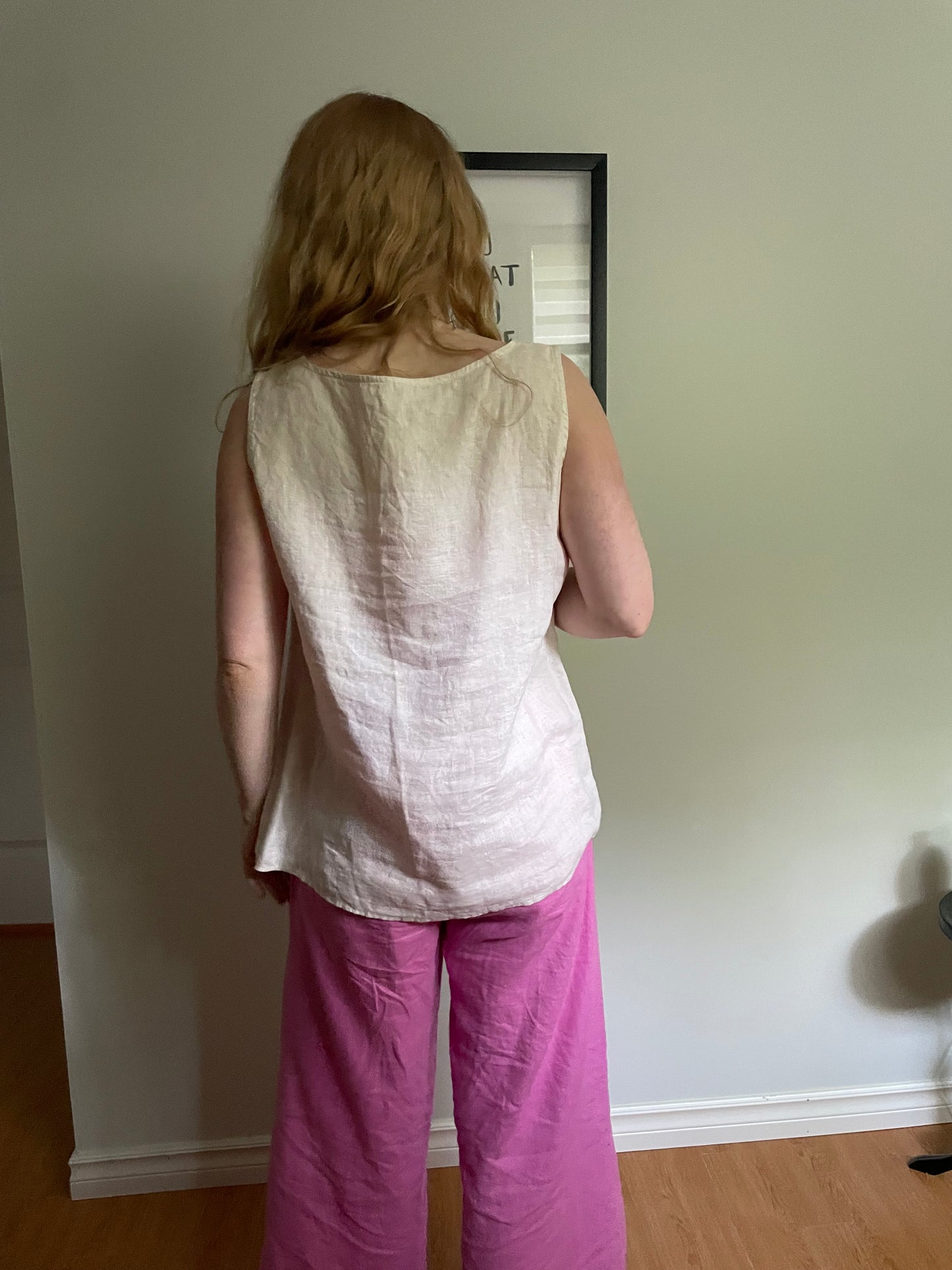 Oatmeal 100% Linen Sleeveless V-Neck Top - Large