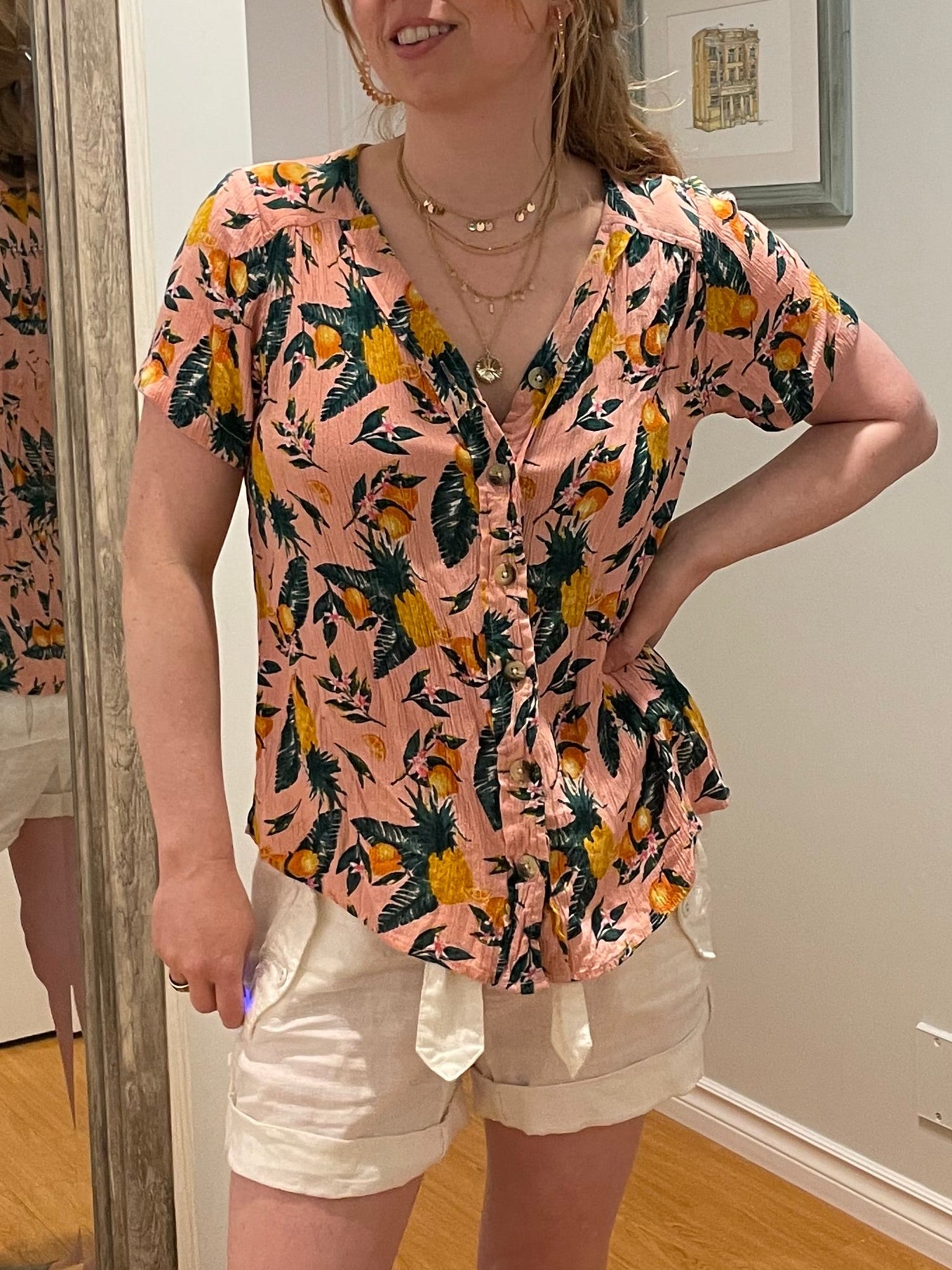 C&C California Peach Pink Tropical Fruit Button-Up Blouse – Small