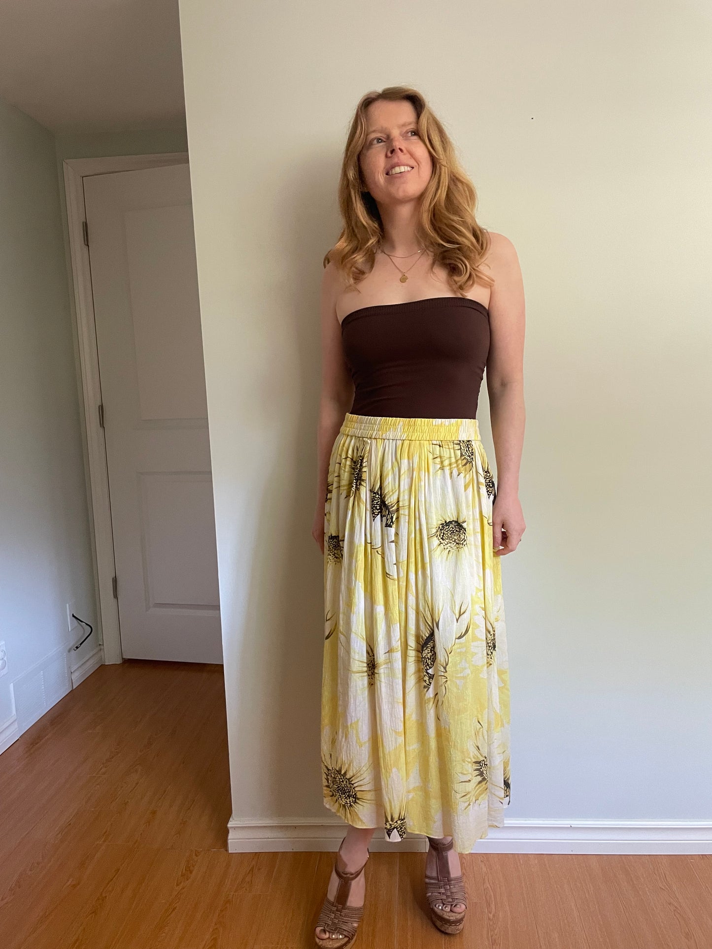 H&M Yellow Sunflower Print Cotton Midi Skirt - Medium