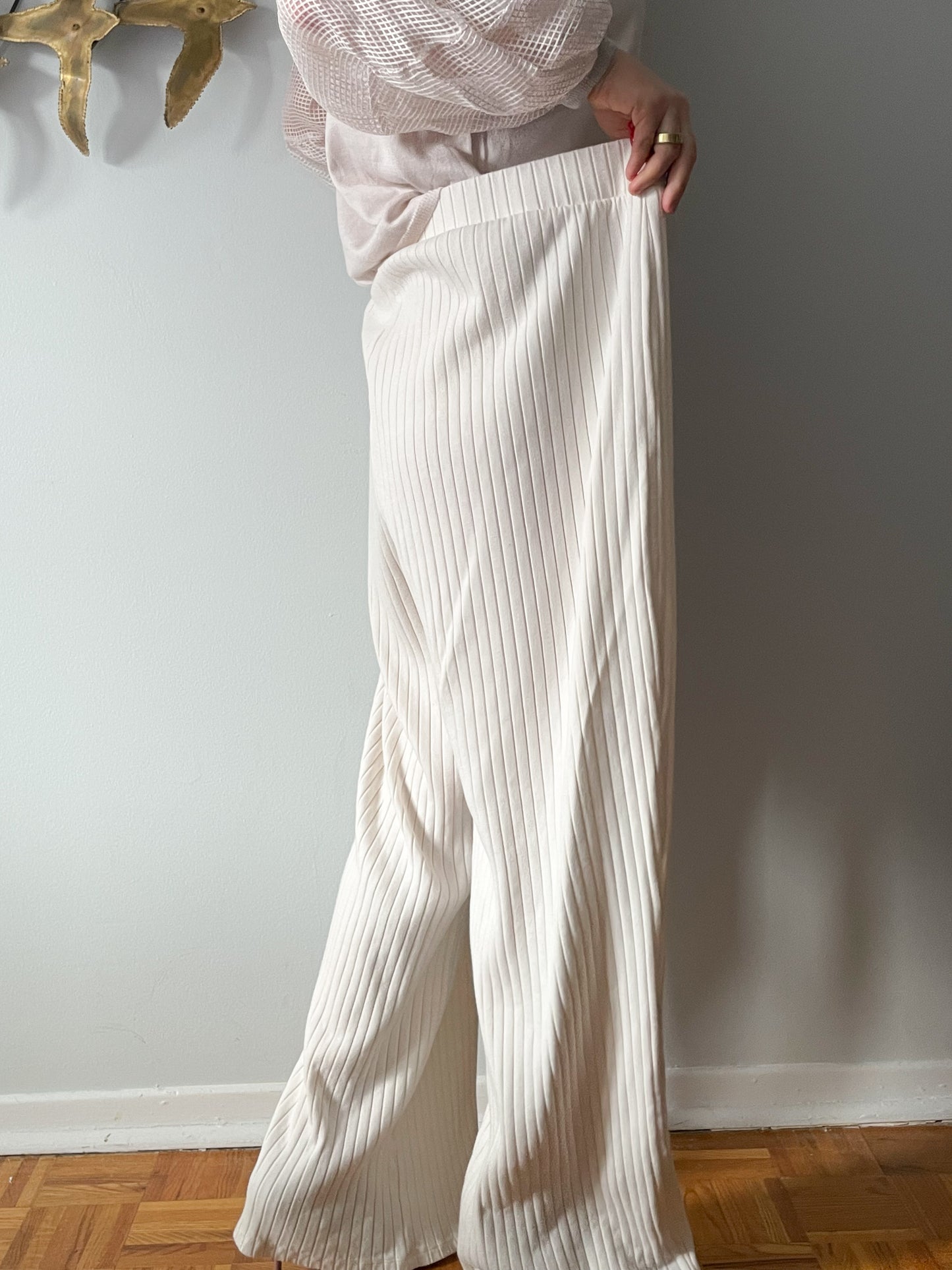 ONLY White Ribbed High Rise Wide Leg Pants - XXL