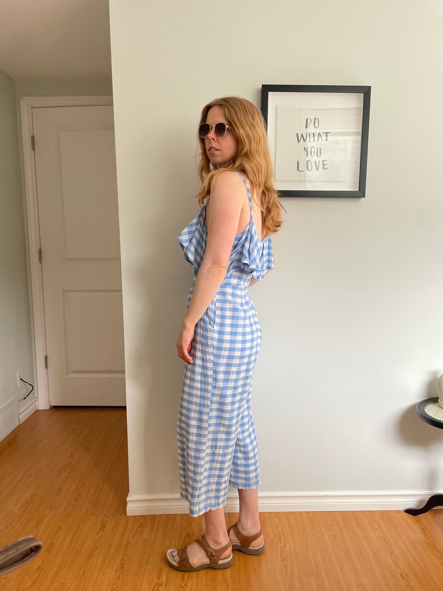 BB Dakota Blue & White Gingham Ruffle Wide Leg Jumpsuit - Size 4
