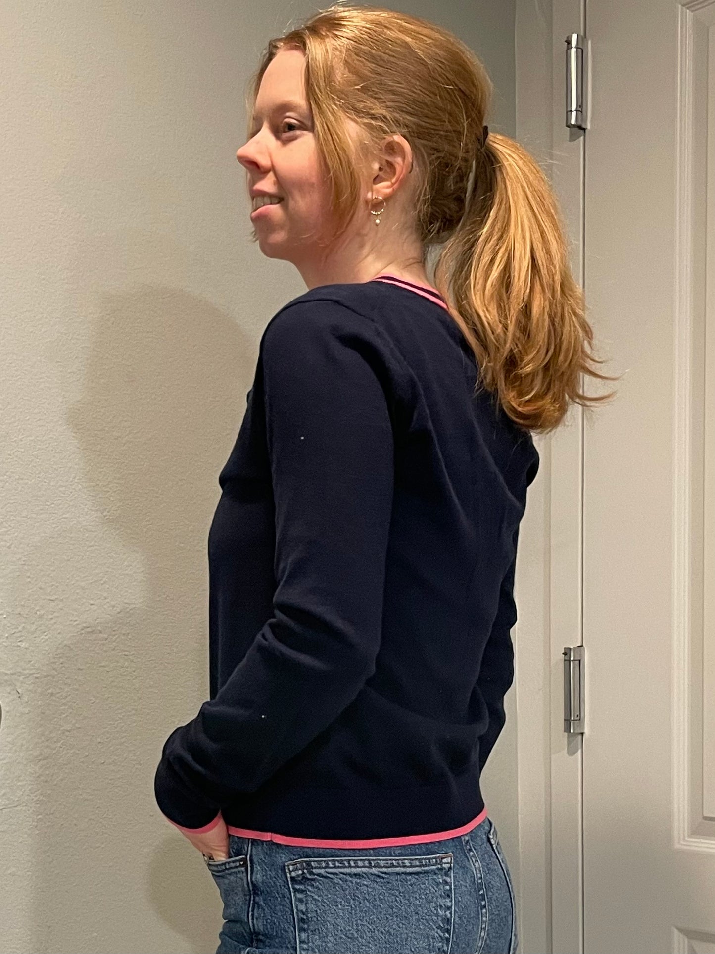 Crew Navy Cotton Cardigan with Pink Trim – Small