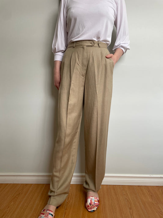 Nygård Collection Beige Linen Blend Pleated Trousers – High Rise – Size 8 (Fits XS/S)
