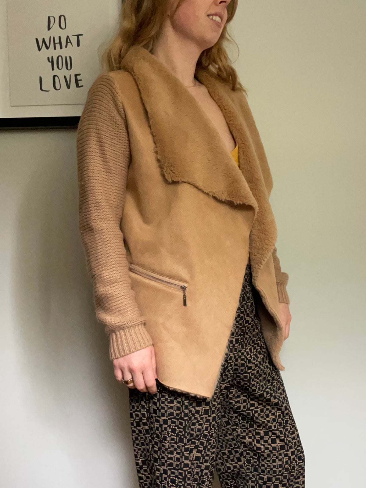 Twelfth Love Camel Faux-Suede Shearling Open-Front Coatigan – S/M