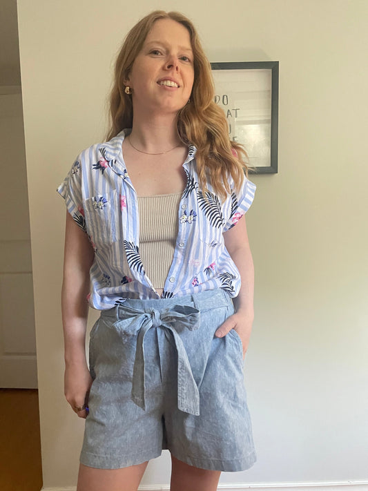 Tribal Jeans Blue Stripe Floral Linen Blend Button-Up Top - S/M