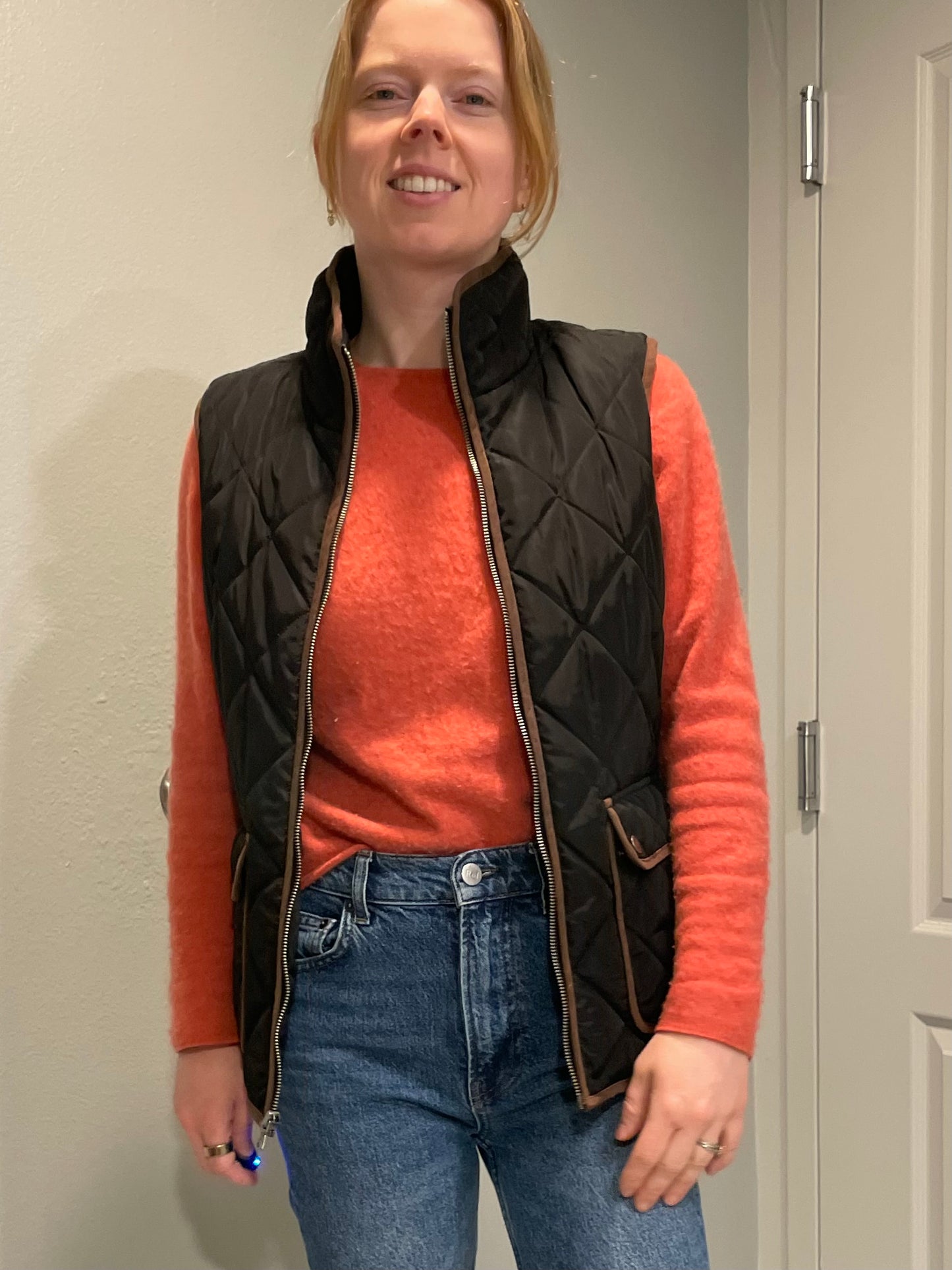 G.H. Bass Black Quilted Field Vest with Brown Trim – Small