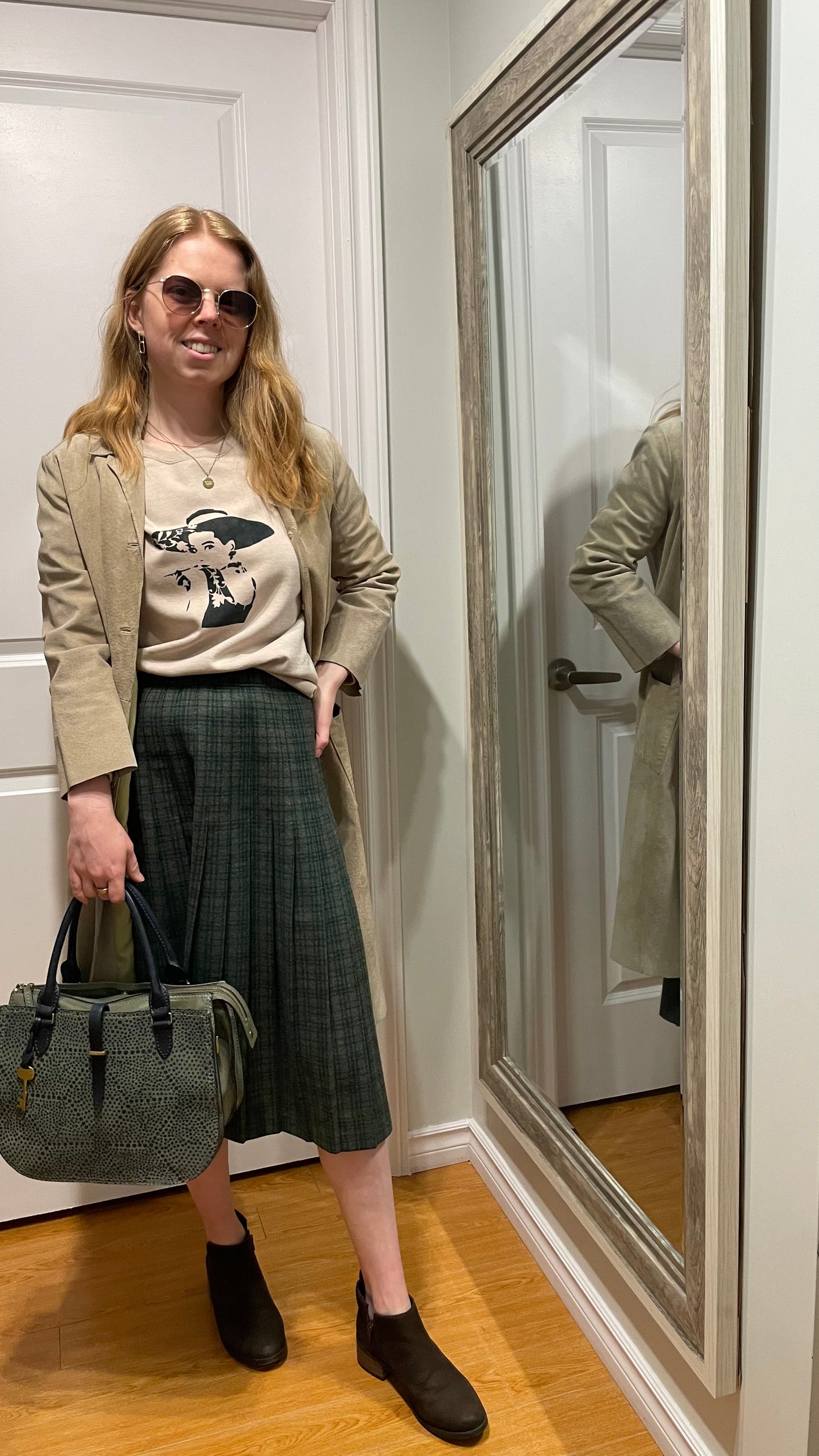 Vintage Dark Green Plaid Pleated Wool Midi A-Line Skirt - Small