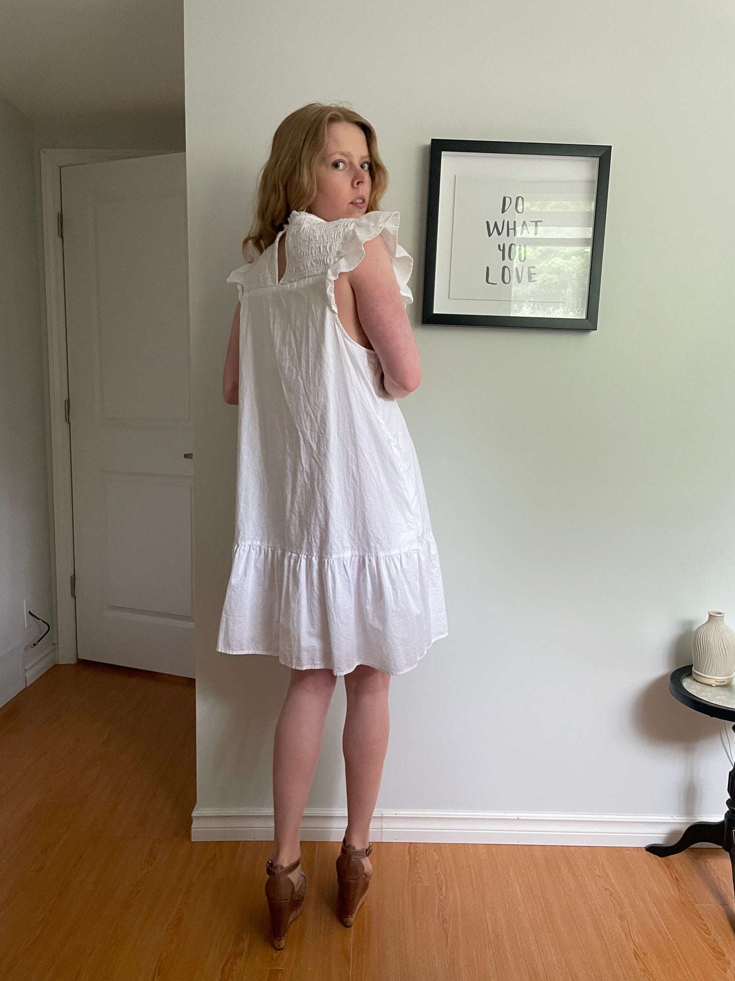 White Eyelet Ruffle Smocked Cotton Cutout Babydoll Dress - XL