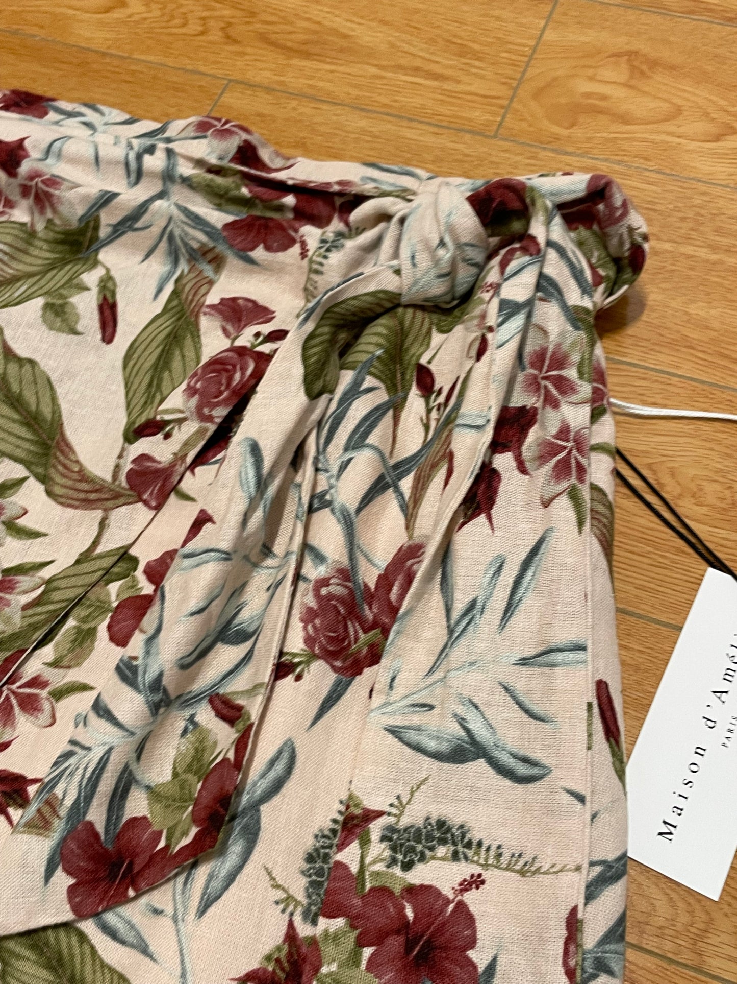 Maison d’Amélie Cream Burgundy Green Floral Linen Blend Wrap Mini Skirt — XL