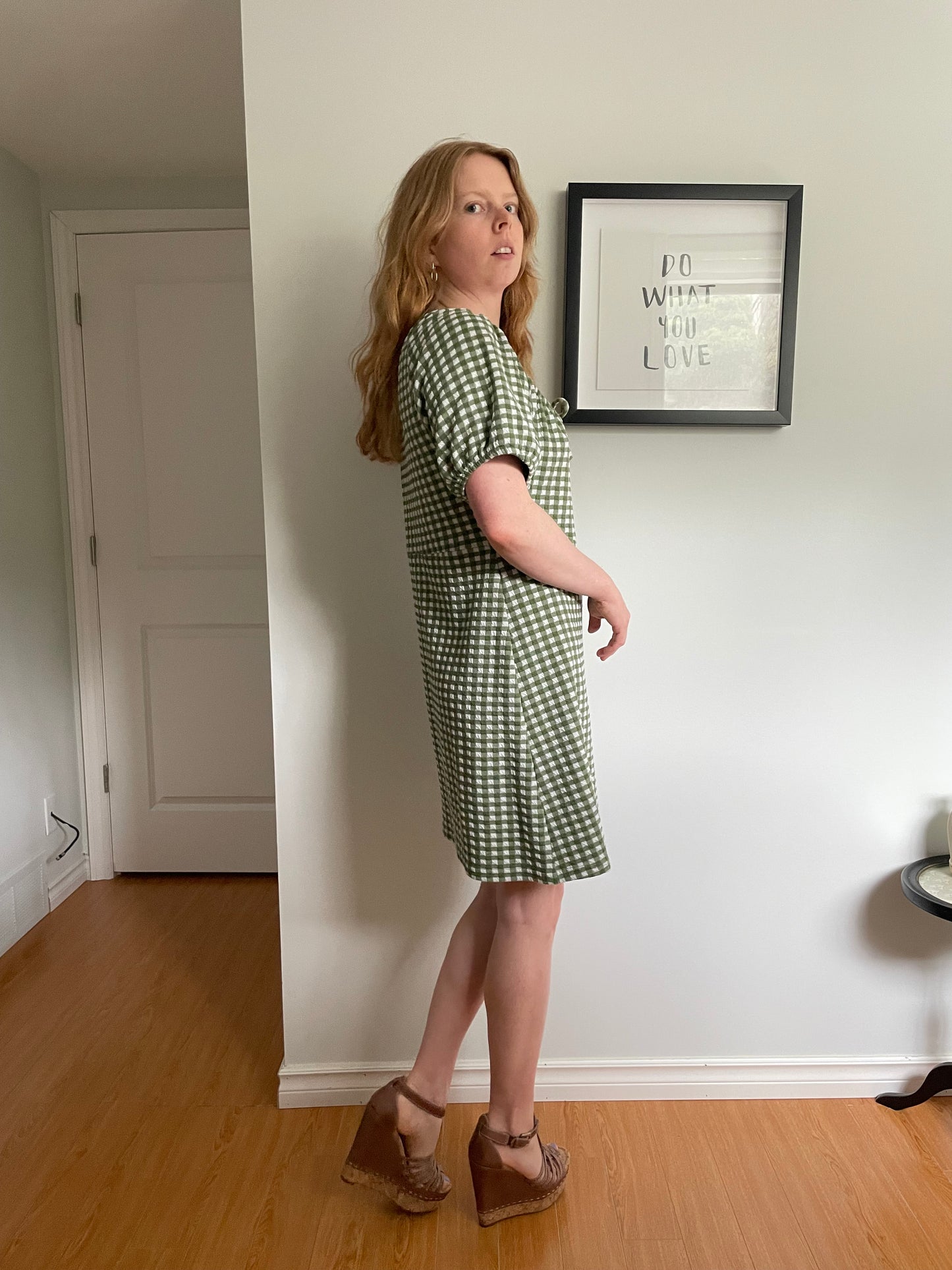 Madewell Green & White Gingham Puff Sleeve Mini Dress - Large