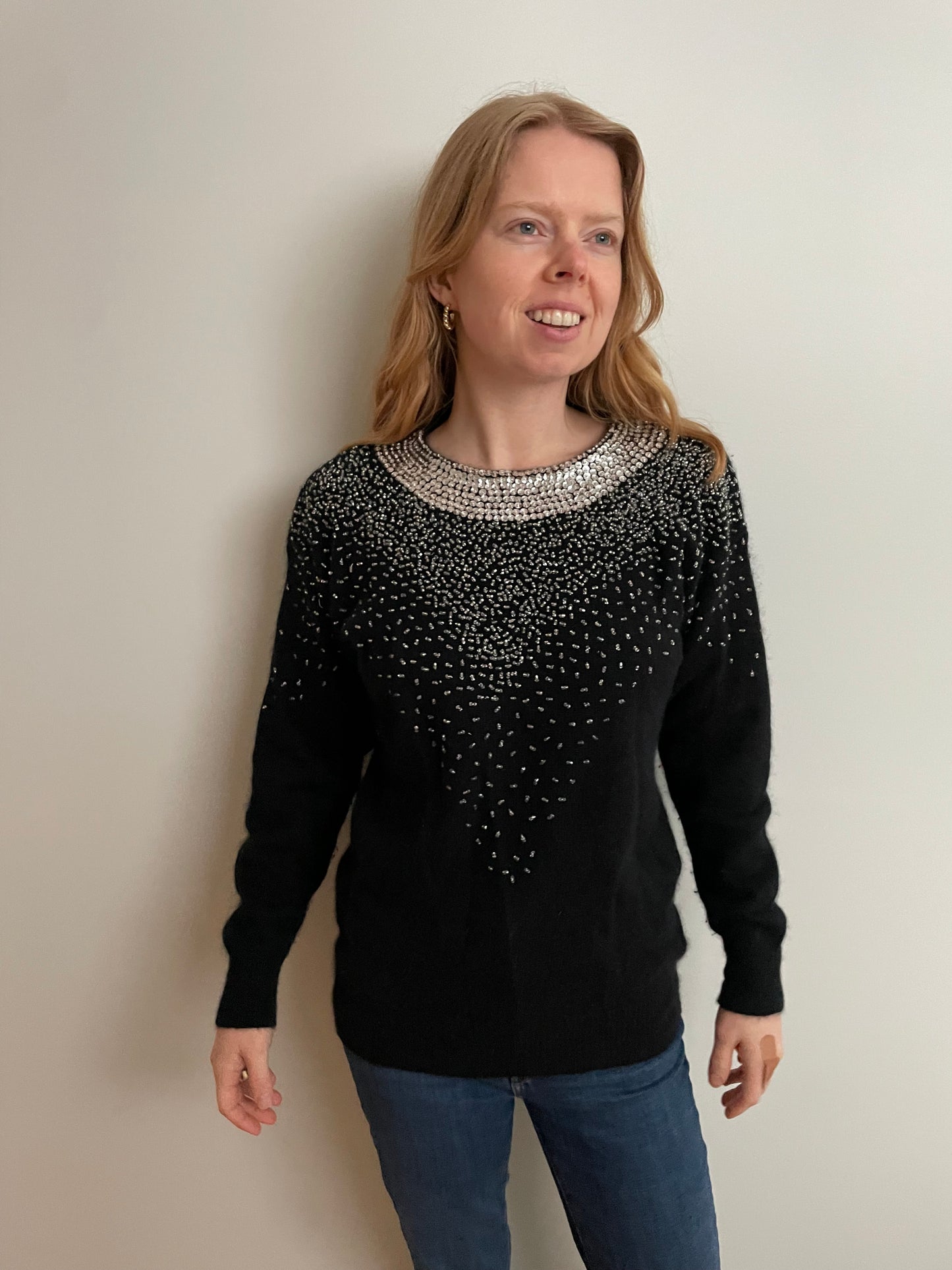 Rino Rossi Embellished Sequin Black Wool-Blend Sweater – Medium
