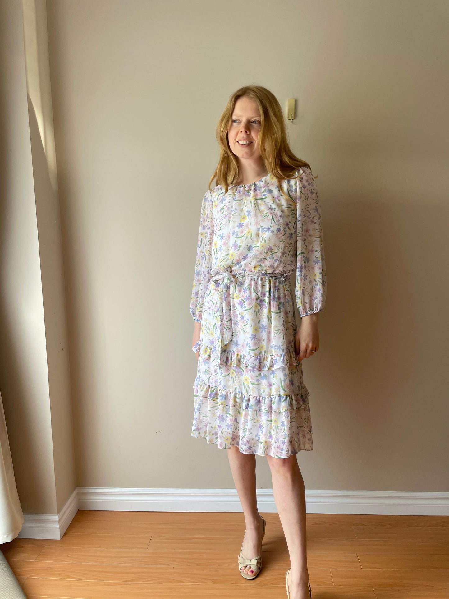 Calvin Klein Chiffon Pastel Floral Long Sleeve Tiered Dress NWT - Small
