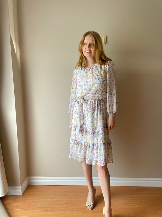 Calvin Klein Chiffon Pastel Floral Long Sleeve Tiered Dress NWT - Small