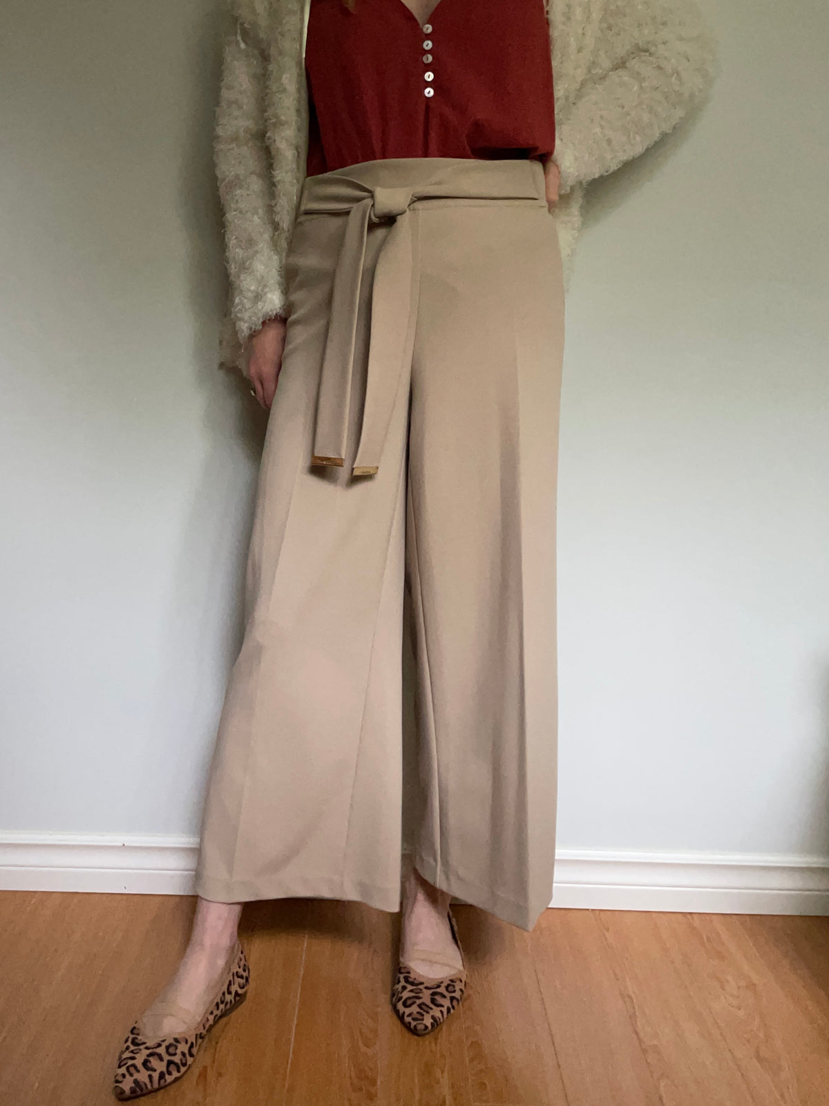 Calvin Klein Taupe Wide-Leg Tie-Waist Trousers – Large