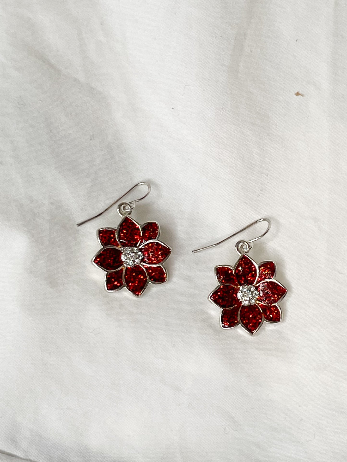 Red Sparkle Flower Dangle Earrings