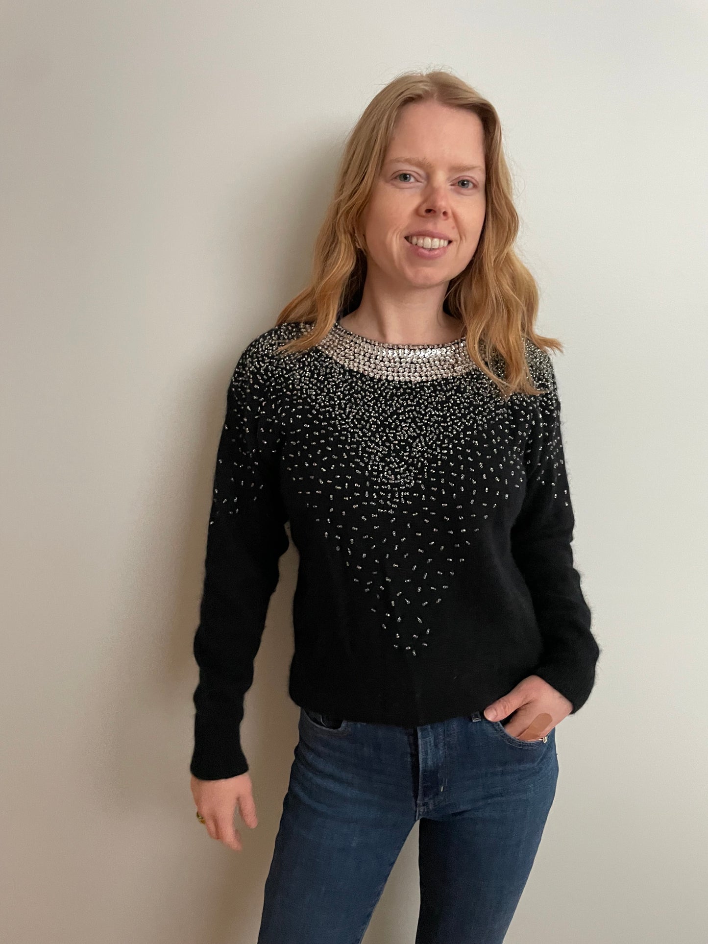 Rino Rossi Embellished Sequin Black Wool-Blend Sweater – Medium