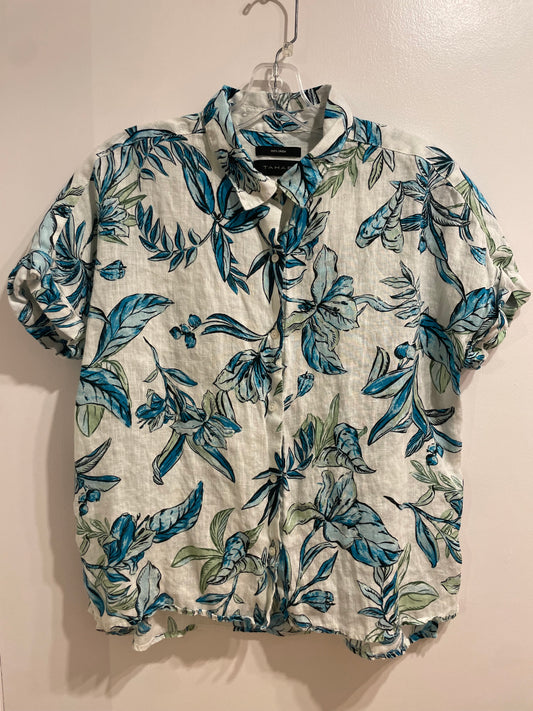 Tahari Blue Botanical Linen Short Sleeve Shirt - Large