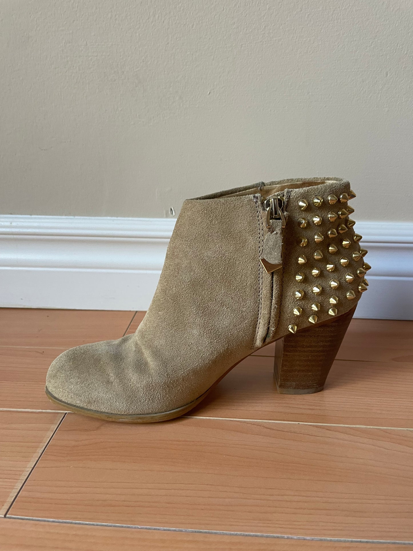 Zara Woman Beige Genuine Suede Gold Studded Heel Boots - Size 37