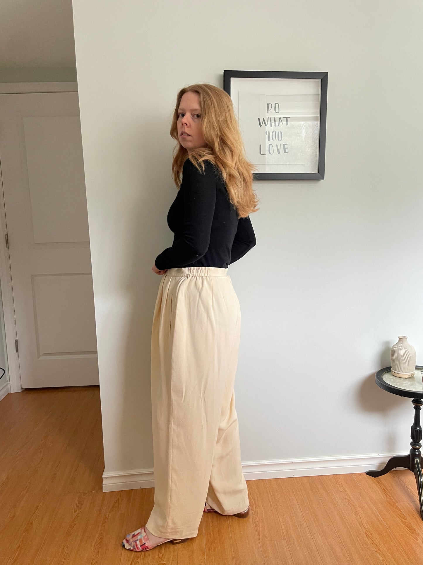 Evan-Picone Cream Vintage Silk Wide-Leg Lined Pants - 14W