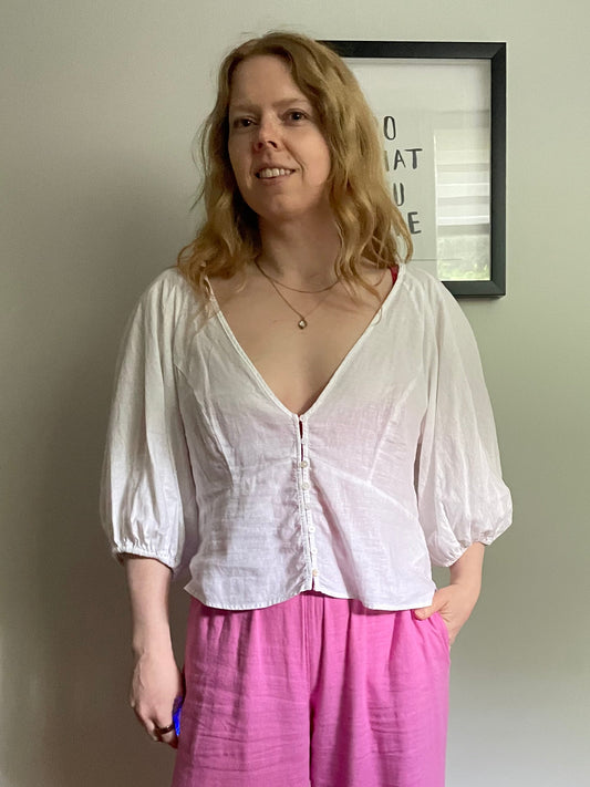 H&M – White Linen-Blend Button-Front Blouse – Medium