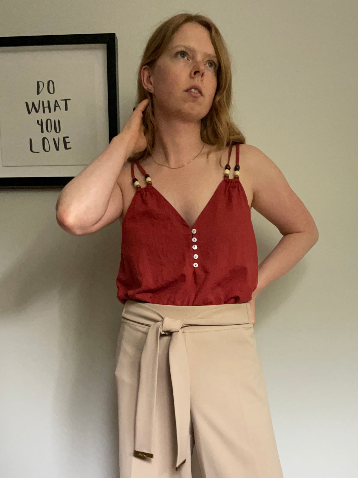Burgundy Beaded Strap Cotton Button-Front Camisole – L/ M