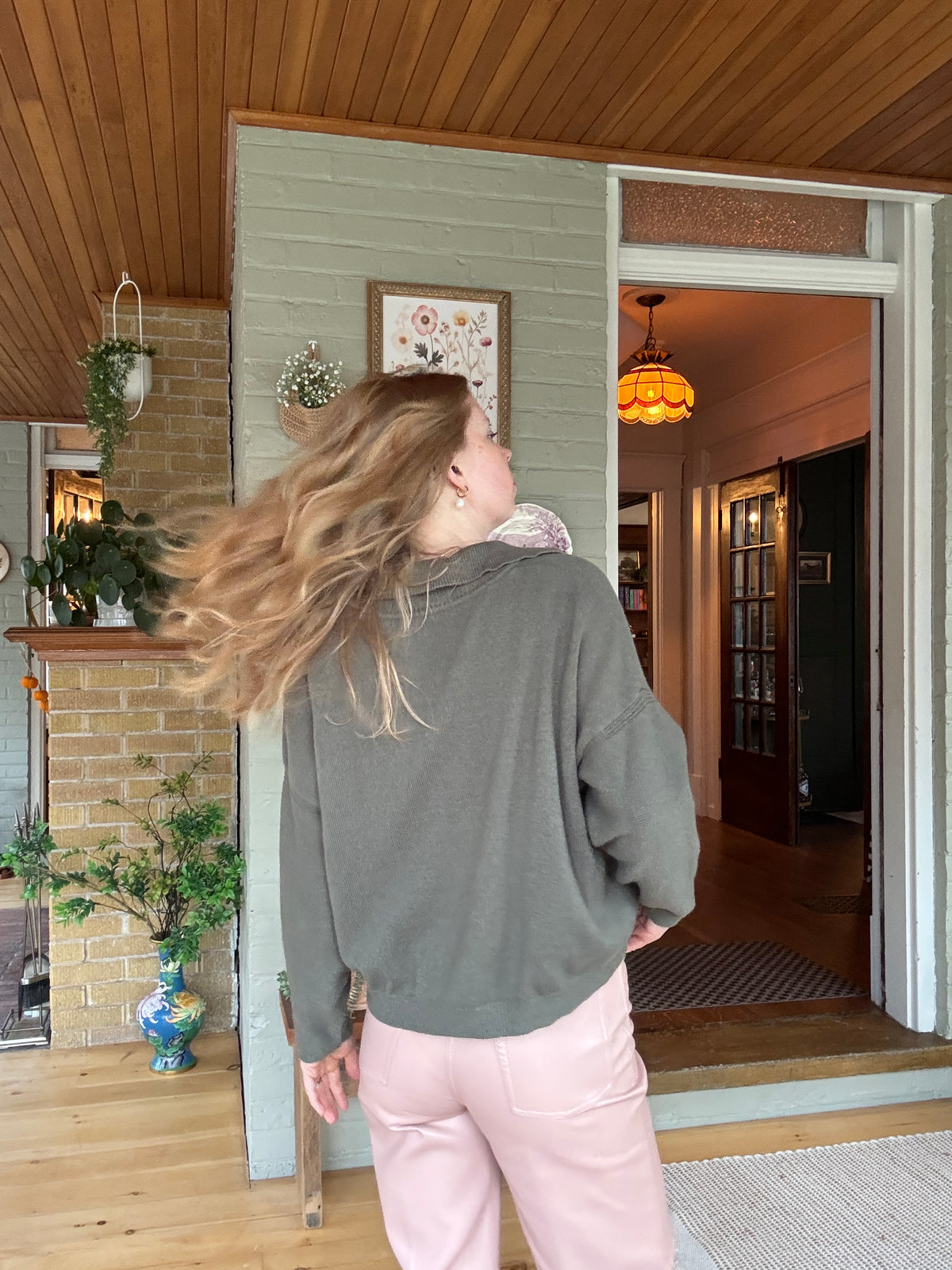 Olive Green Oversized V-Neck Soft Knit Sweater - XL