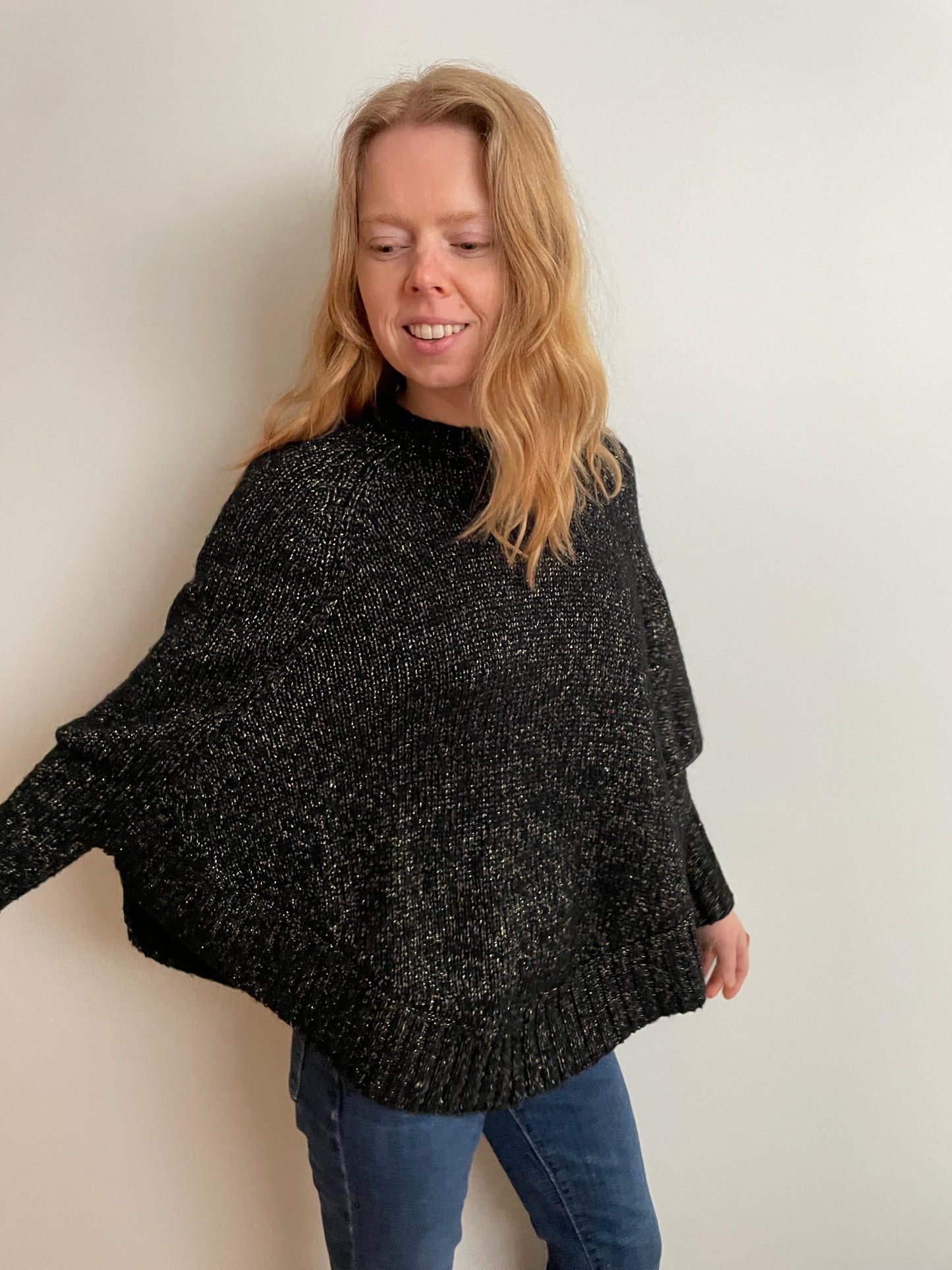Designer Black Metallic Poncho-Style Sweater with Sleeves – XXS (Fits S–M)
