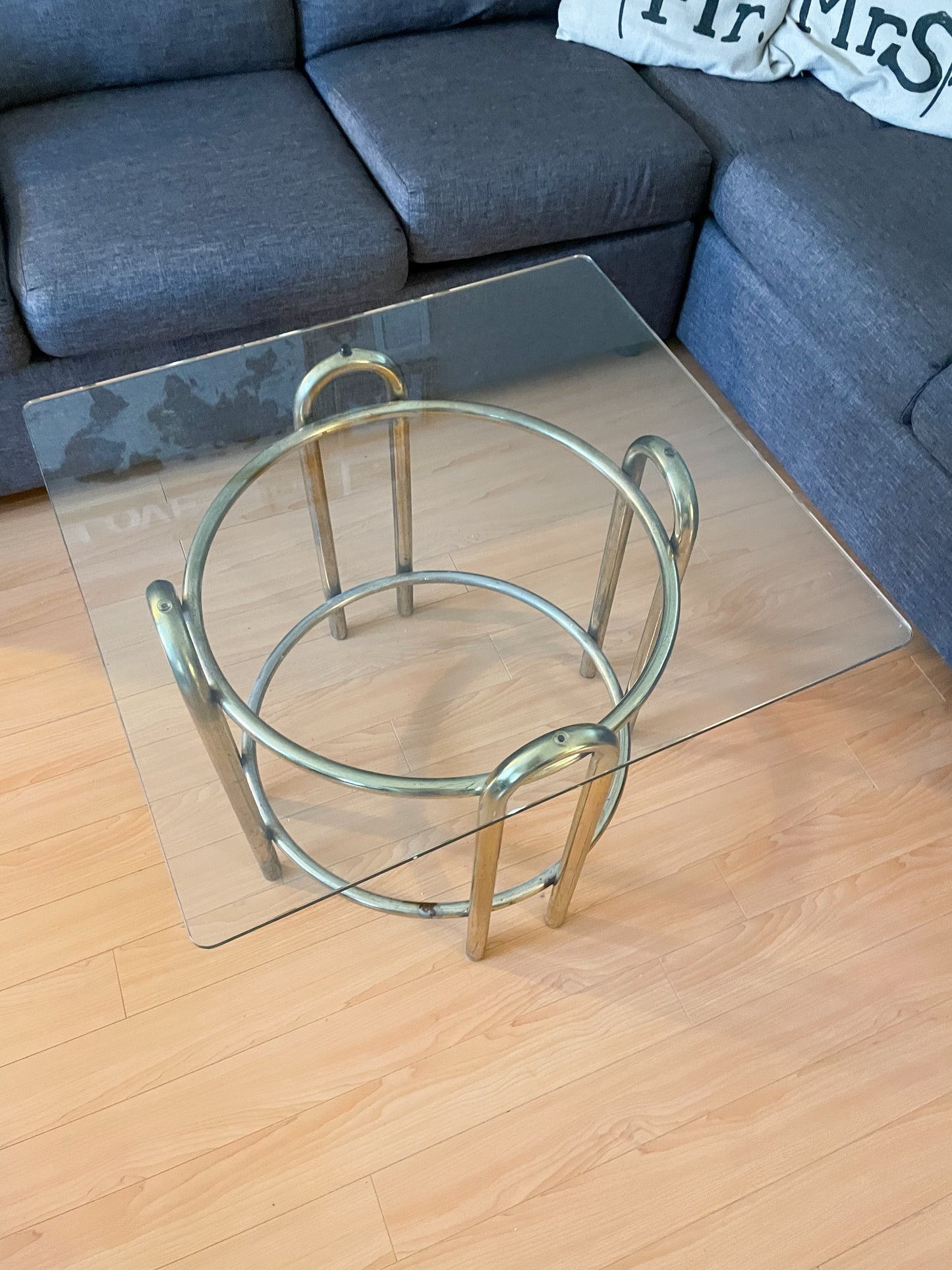 Vintage Brass Gold Metal Base Glass Top Coffee Side Table - Pick Up Only