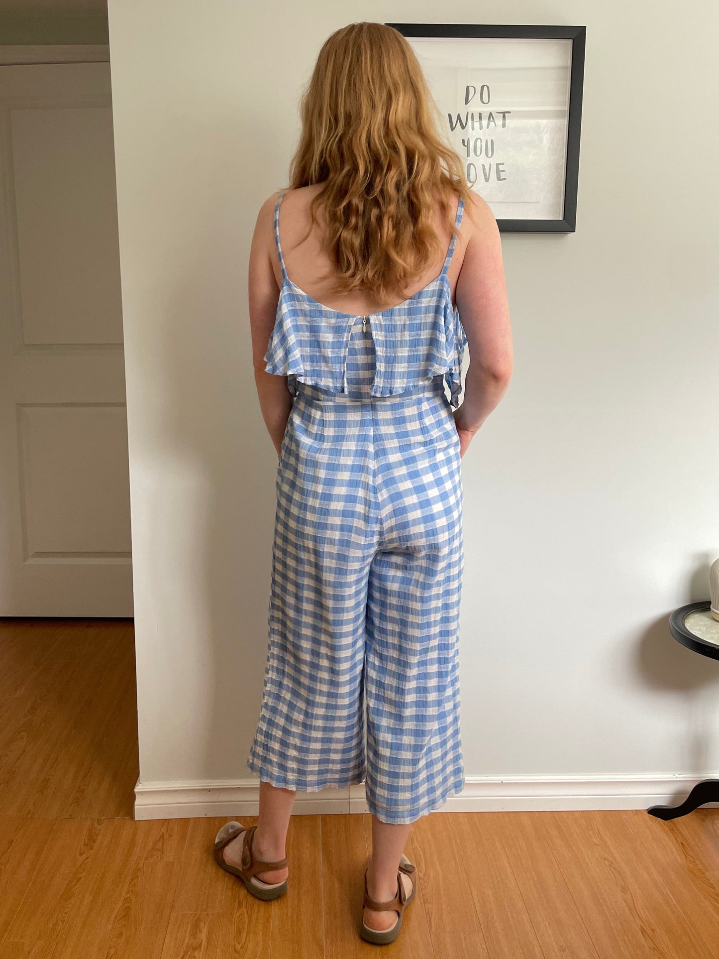 BB Dakota Blue & White Gingham Ruffle Wide Leg Jumpsuit - Size 4