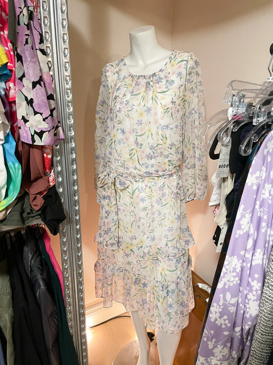Calvin Klein Chiffon Pastel Floral Long Sleeve Tiered Dress NWT - Small