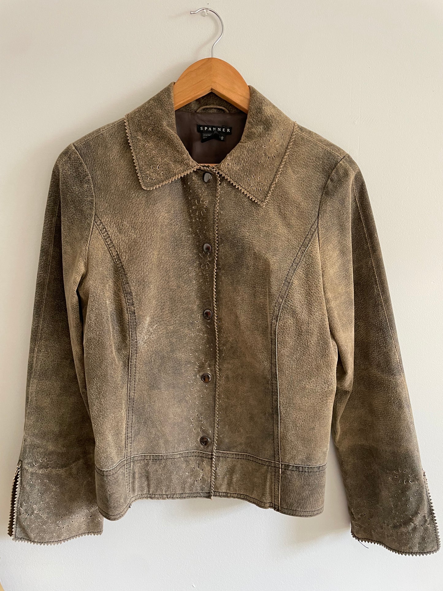 Spanner Taupe Genuine Leather Laser-Cut Jacket — Size Small