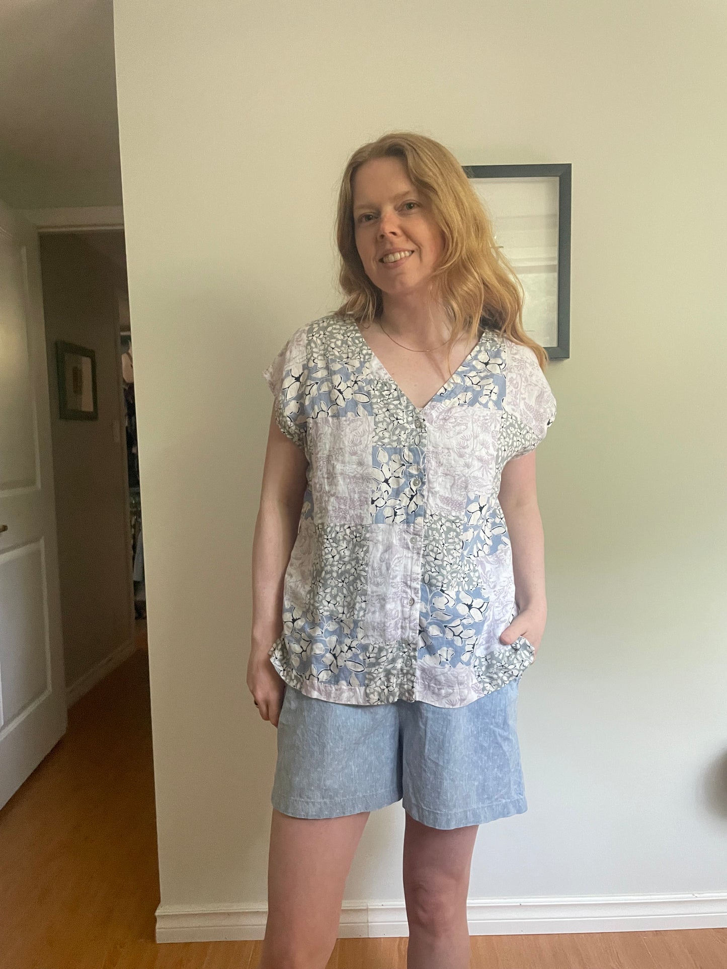 Linen Button-Up Floral Patchwork Short Sleeve Top - Medium