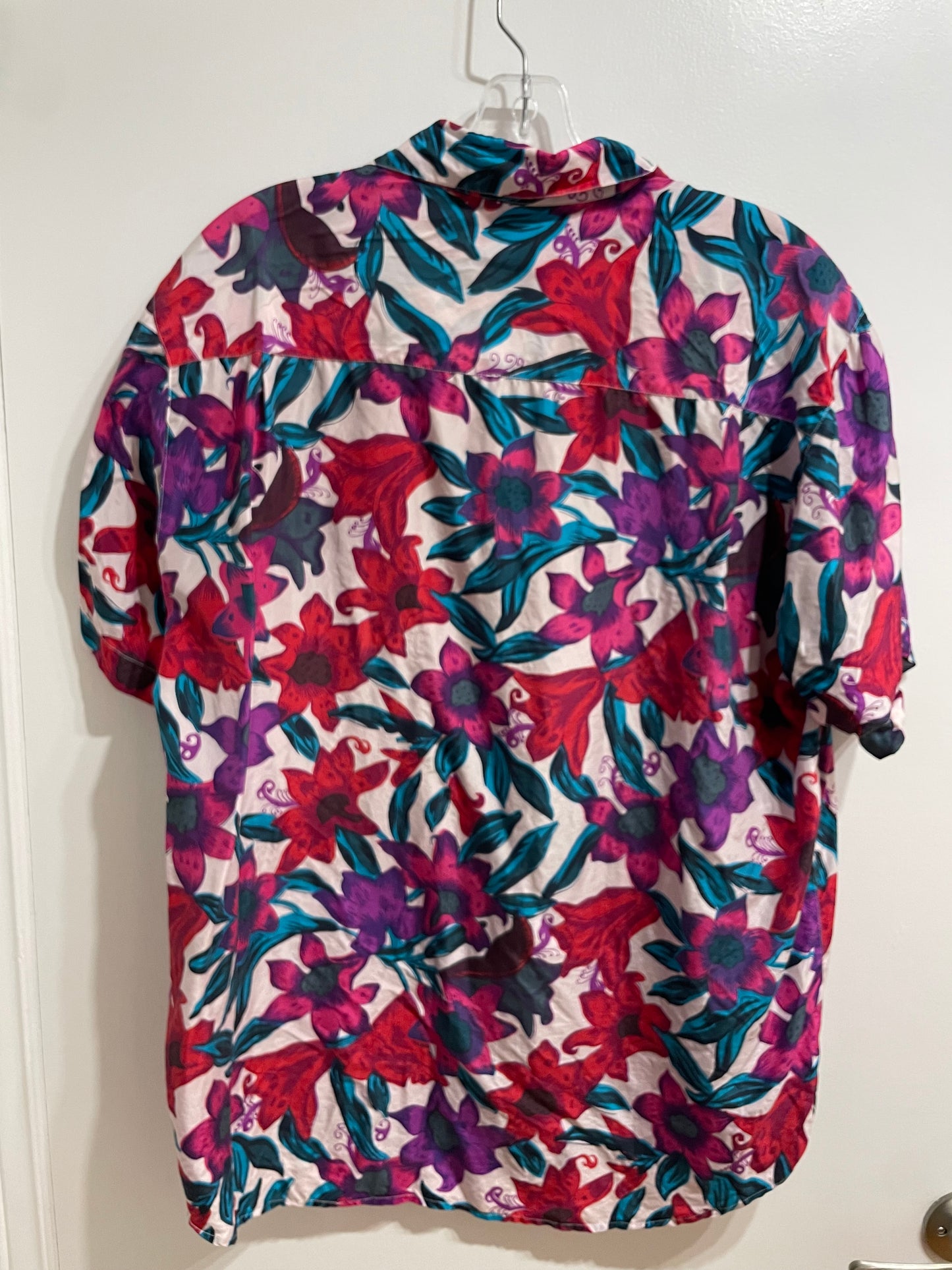 Selecca Silks Pink Red Floral 100% Silk Short Sleeve Button-Up Shirt XL