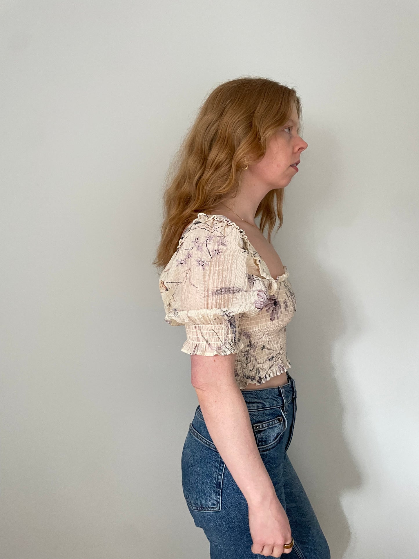 H&M Cream Floral Smocked Puff Sleeve Crop Top – Size XS