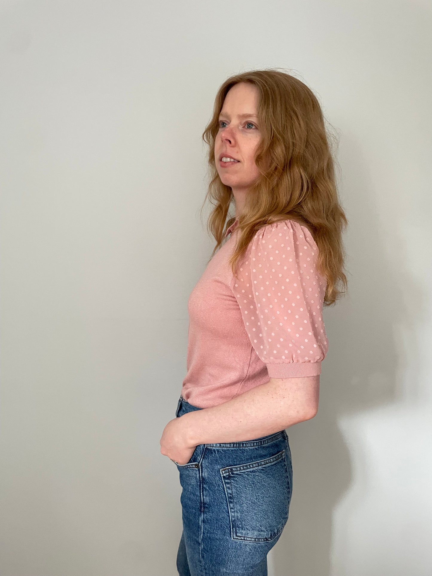 Adrianna Papell Blush Pink Dot Puff Sleeve Knit Top – Small / Medium