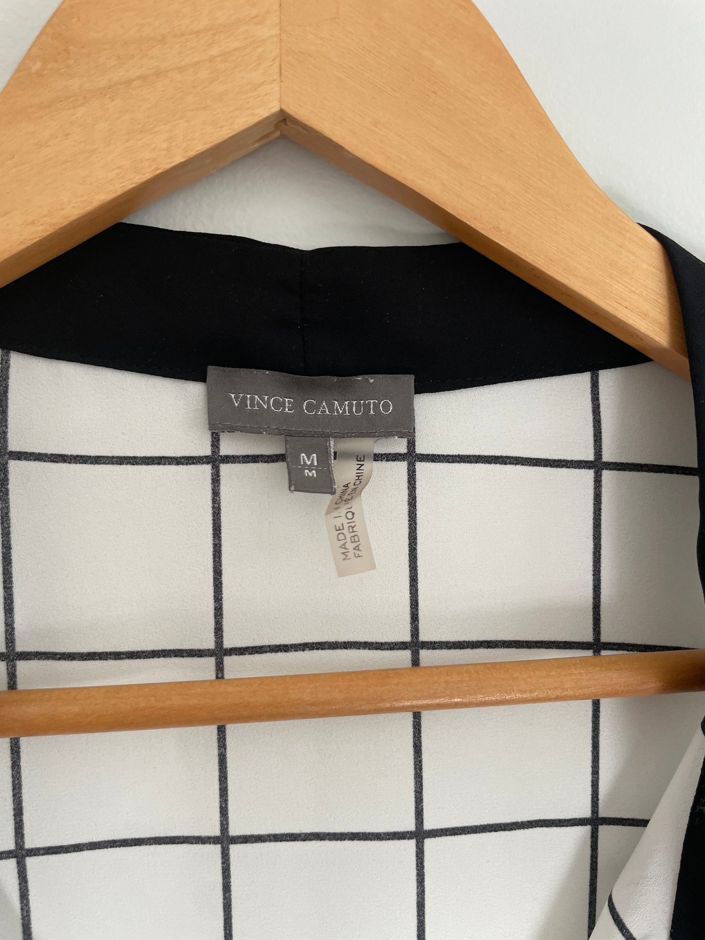 Vince Camuto White & Black Windowpane Tie-Neck Blouse – Medium