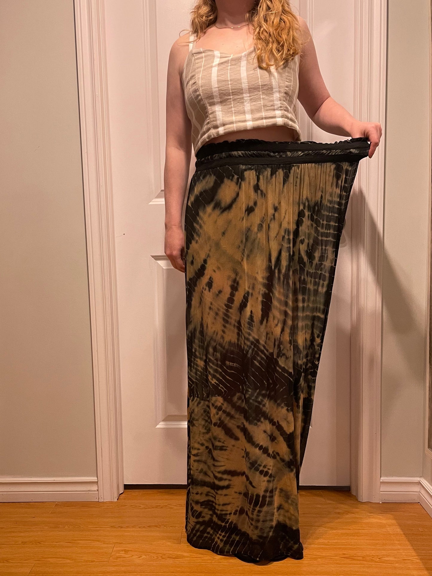 Black & Tan Tie-Dye Silk Draped Maxi Skirt – Small