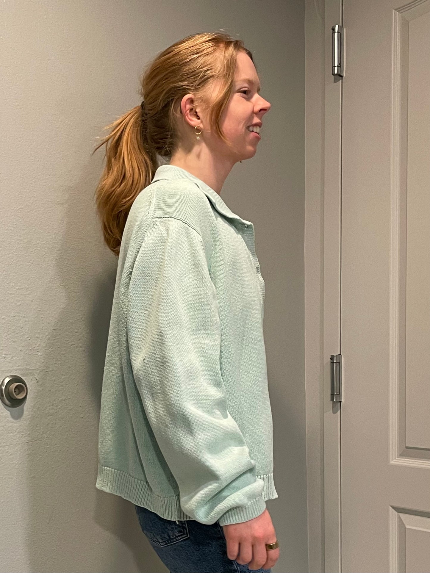 Lands’ End Mint Green Cotton Collared Cardigan – Petite Large (14–16)