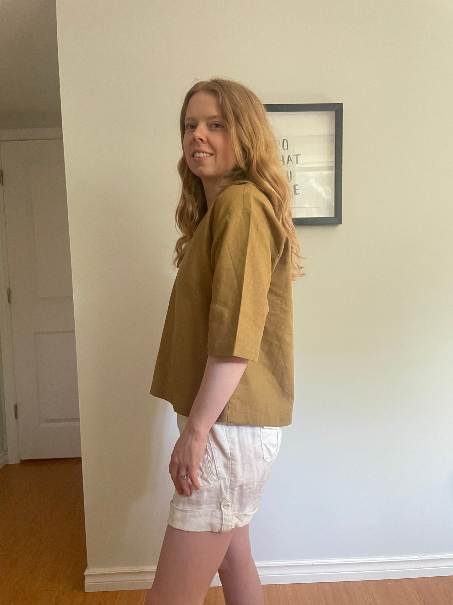 Hannah Canvas Ochre Linen V-Neck Top - M/L