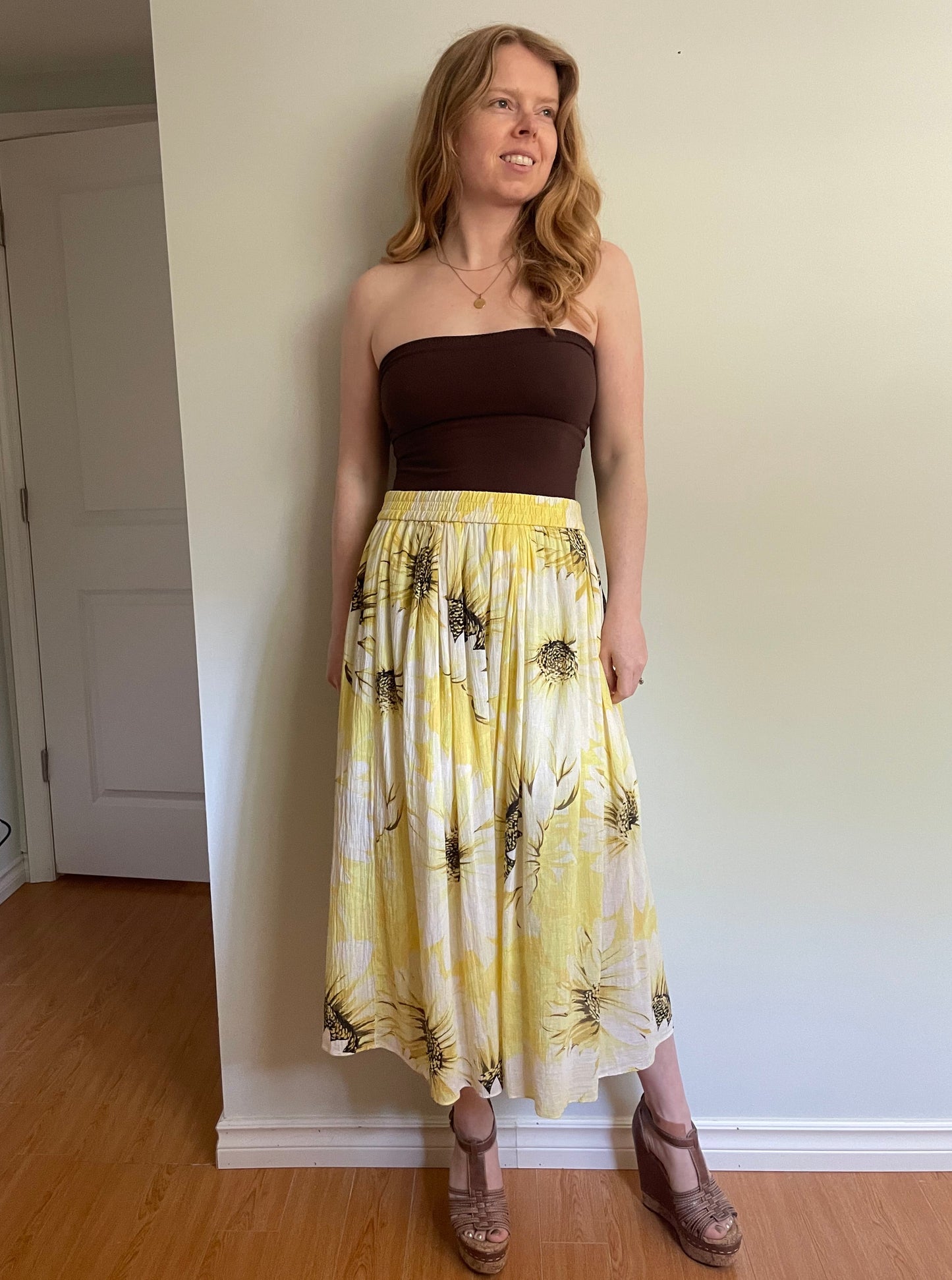 H&M Yellow Sunflower Print Cotton Midi Skirt - Medium