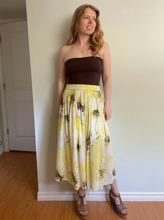 H&M Yellow Sunflower Print Cotton Midi Skirt - Medium