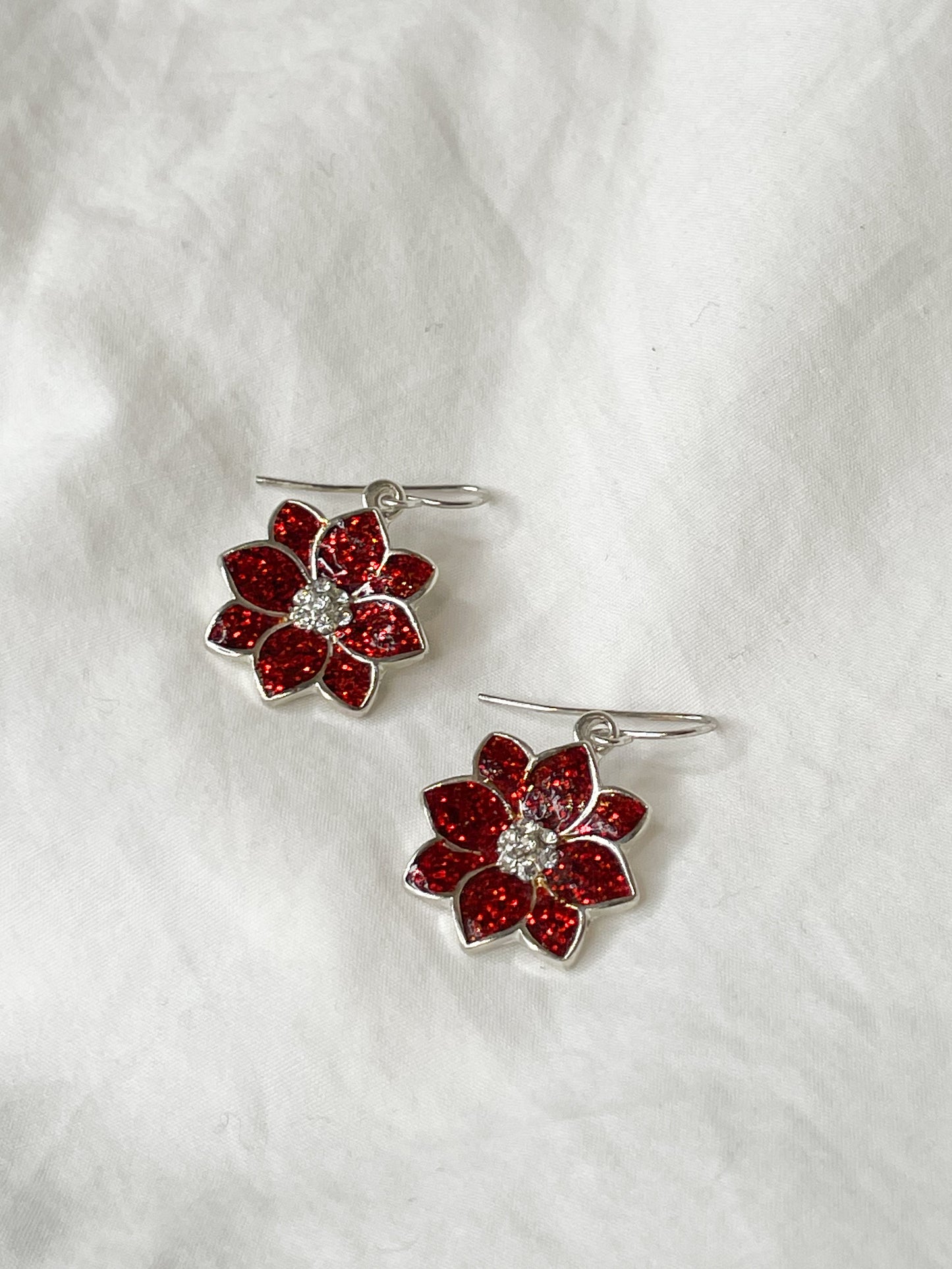 Red Sparkle Flower Dangle Earrings